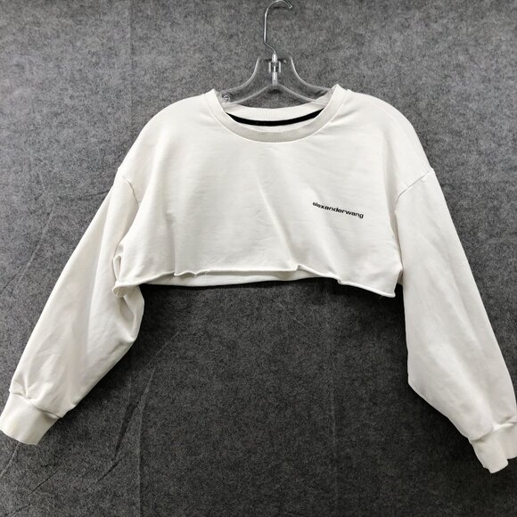 Alexander Wang Tops - Alexander Wang White Cropped Sweatshirt Womens Small S Crewneck Raw Hem Logo